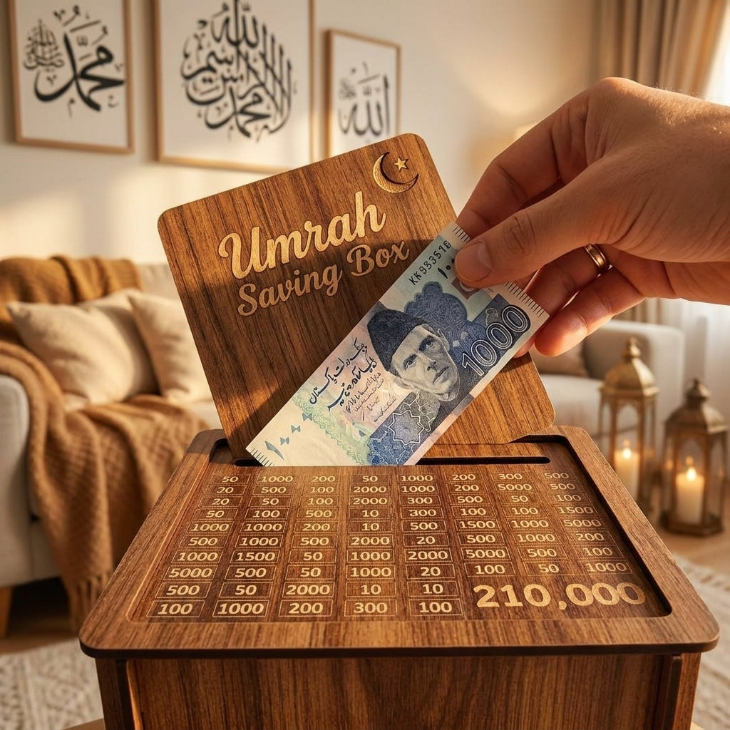 Premium Wooden Umrah Saving Box – Safar-e-Mubarak Ke Liye Behtareen Tohfa
